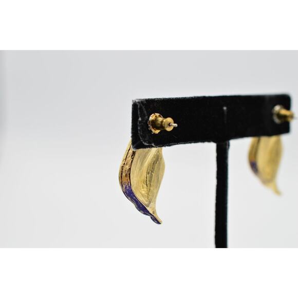 Vintage Leaf Earrings Shiny Pave Rhinestone Crystal Gold Dangle 1980s 9C - Picture 7 of 7